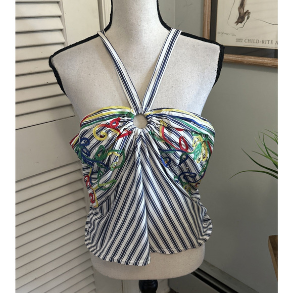 ANTHROPOLOGIE TINY Top Womens Large Avril Embroidered Halter Striped Feminine - Picture 1 of 10